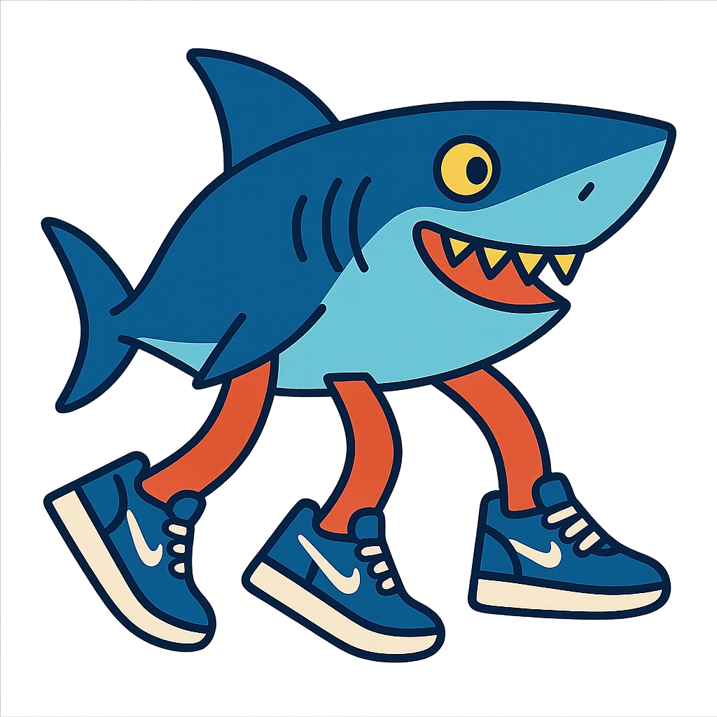 a fun and playful shark with three legs, each wearing blue Nike tennis shoes emoji