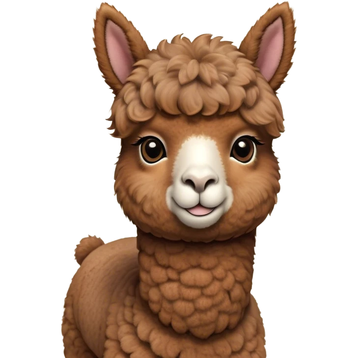 Cinematic Cute Brown Alpaca Portrait Emoji, Head tilted playfully and inquisitively, featuring a plush, rich brown fleece with a natural sheen, round, sparkling warm eyes filled with curiosity, Simplified yet irresistibly adorable features, highly detailed, glowing with a warm, friendly glow, high shine, affectionate and gentle, stylized with a touch of whimsy, bright and endearing, soft glowing outline, capturing the essence of a mischievous yet loving alpaca, so playful it feels like it could prance out of the screen and into your arms! emoji