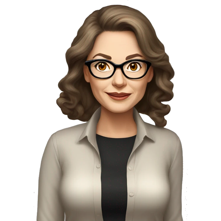 50 years old girl
long brown hair with volume styling
light skin
glasses with refined frame
Brown eyes with cat eye liner
black silk shirt with long sleeves emoji