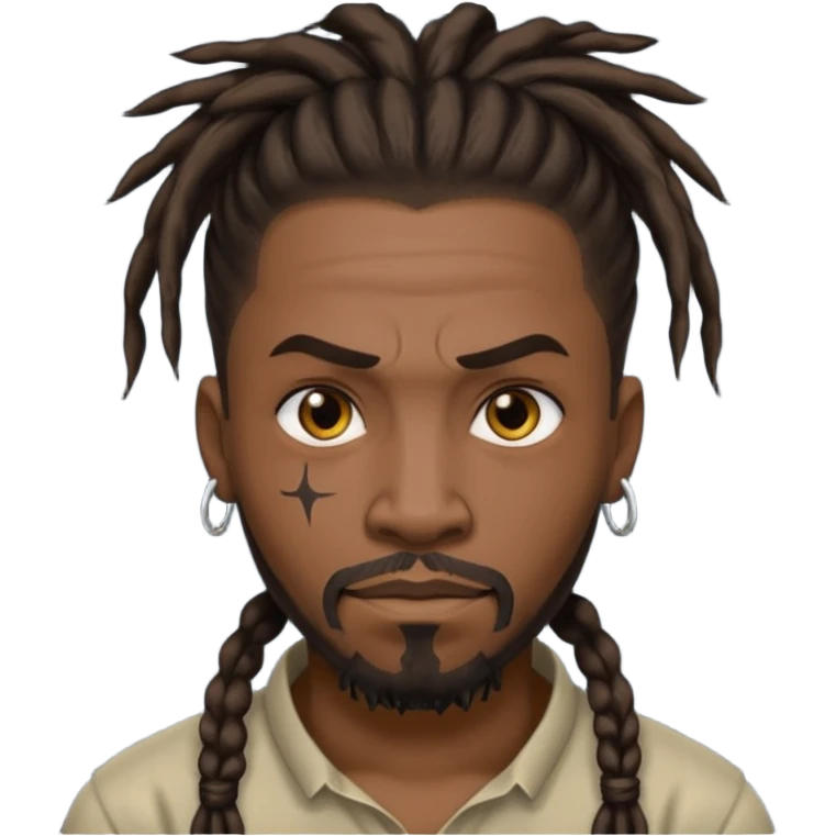 
1 black man, fierce face, scar on face, dreadlock hair tied back emoji
 emoji