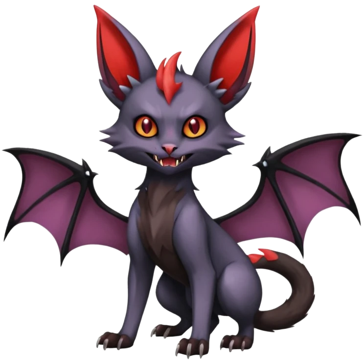 dark edgy dull pointy edgy Noivern-Noibat-Purloin-Torracat-Lykoi-Caracal-cat-Fakemon-fusion-hybrid-creature, with bat-wings on head as ears emoji