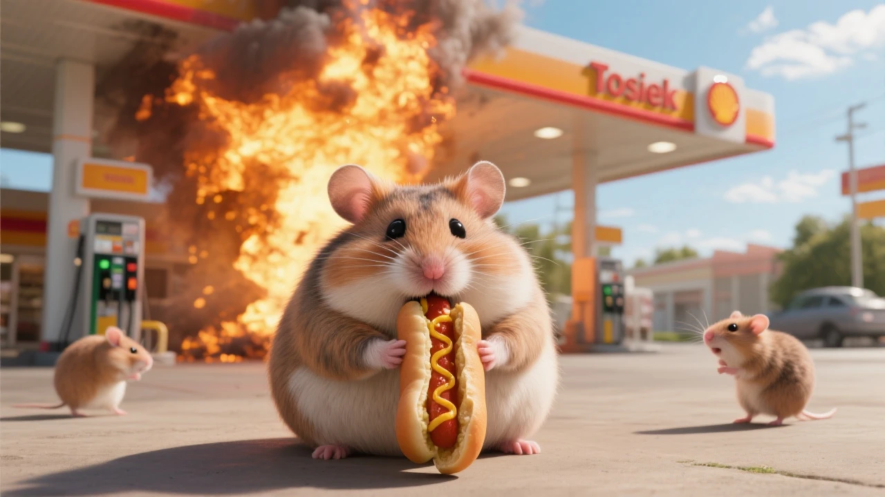 Cinematic still of A portrait of a fat hamster eating hotdog on gas station, gas station is in fire, other hamster fun away, sunny day, back light explosion , gas station named "Tosiek" (Realistic) emoji