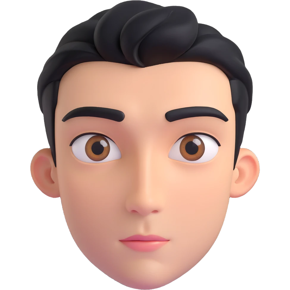 high-detail 3D emoji-style head of a handsome man, front-facing, eyes slightly upward, thoughtful and calm, symmetrical features, smooth skin, soft lighting emoji