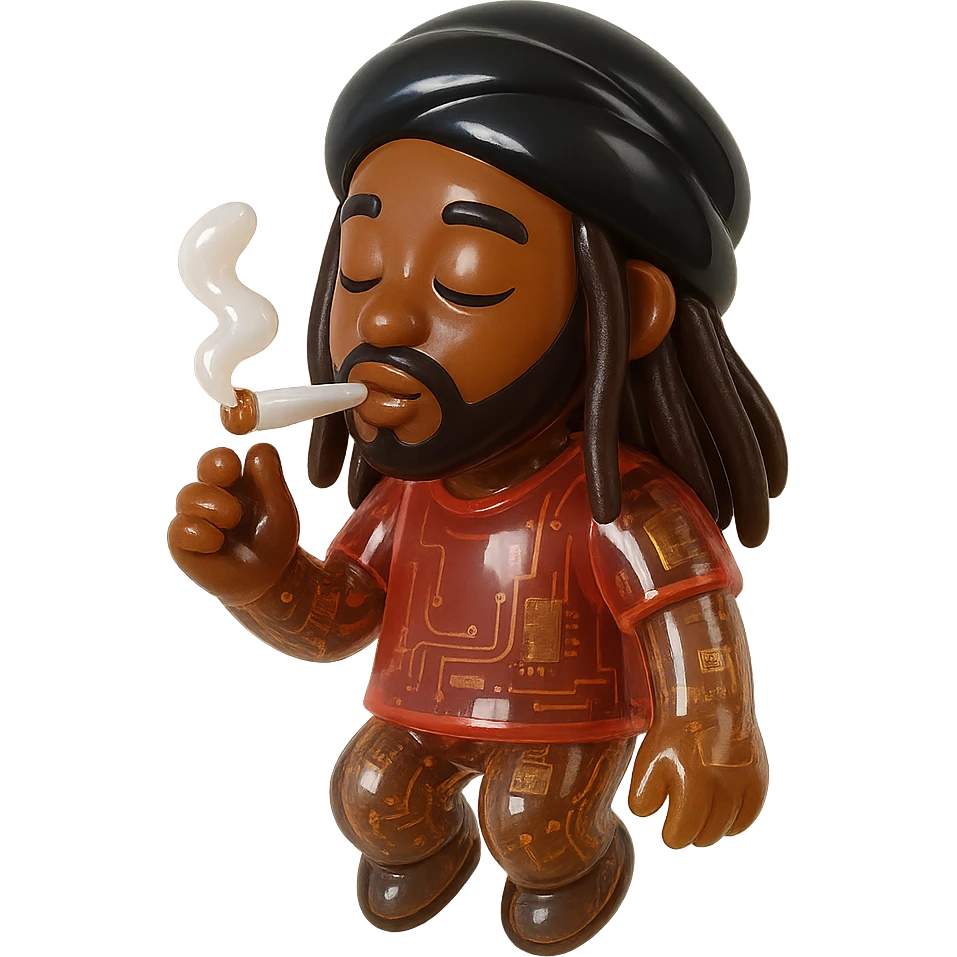 Brownskin man with long brown dreadlocks 
red t-shirt 
black turban 
expression is smoking weed  emoji