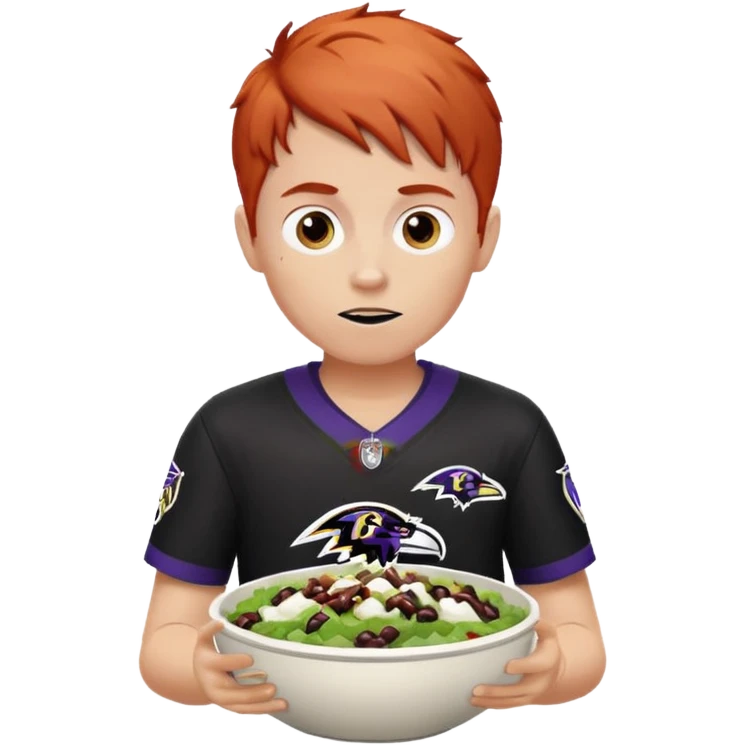 a red-haired boy wearing a ravens jersey and eating a chipotle burrito bowl emoji