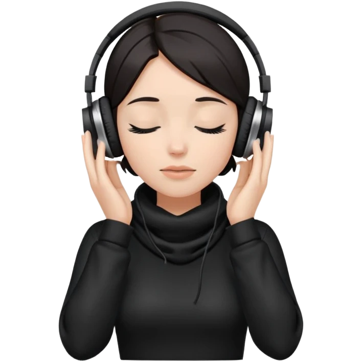 Girl with dark hair, wearing a black cowl neck top, wearing headphones, her hands are on her ears, and her eyes are close emoji