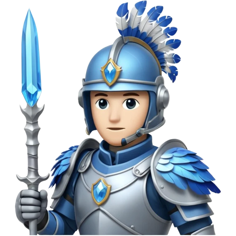 soldat en armure légère de couleur argentée et bleue, presque translucide, tenant une lance ornée d'un cristal. Son casque est stylisé avec des plumes d'oiseau. Il se tient devant un fond de nuages vaporeux. emoji