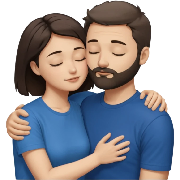 draw a man and a woman hugging each other passionately. looking toward each other. woman has short hair. man has short hair and beard. draw them with closed eyes. woman has dark brown hair. and man has light brown. make them both wearing t shirts. make man hold the woman from her cheeks. emoji