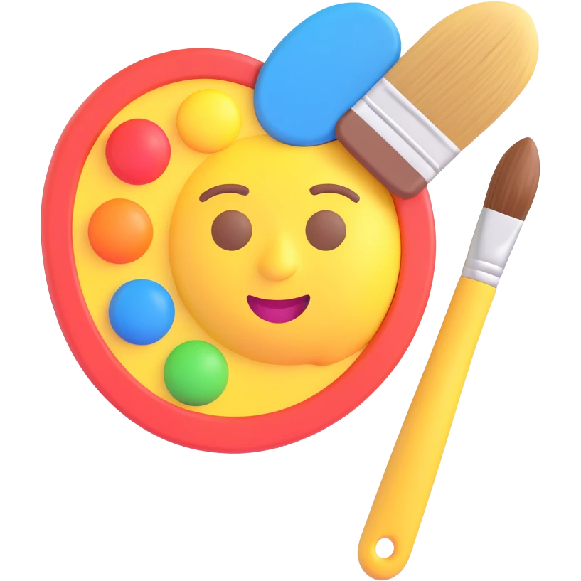 painter's palette with brush, 3D emoji style, primary colors, cartoon look, no text emoji