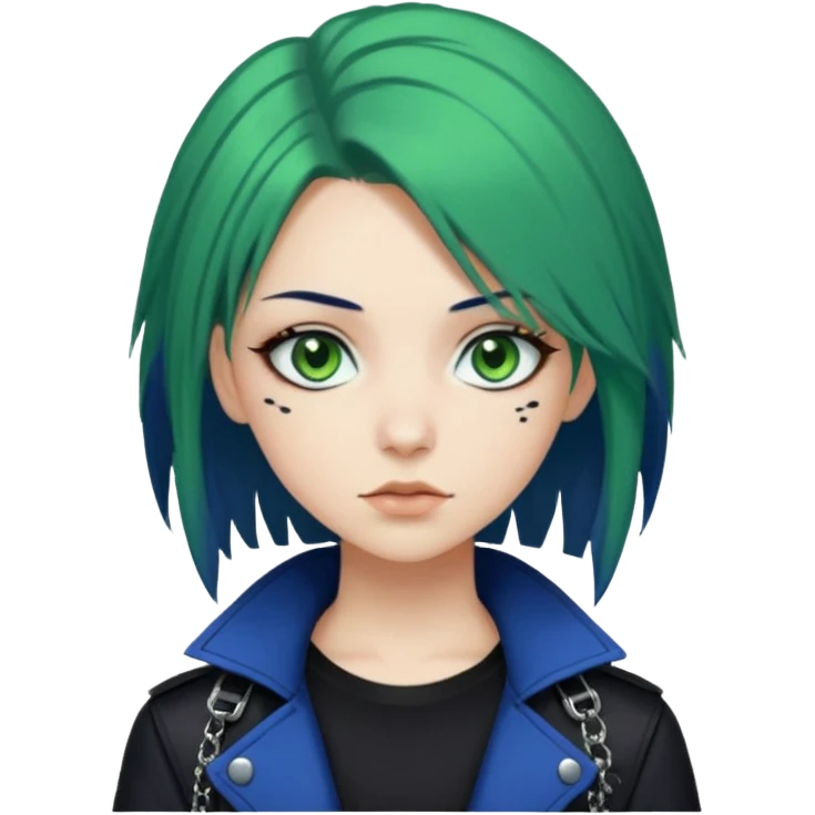 woman with white skin and green eyes, her hair is shoulder length black with navy blue hime cut layers, wearing green and blue y2k and punk themed clothes  emoji