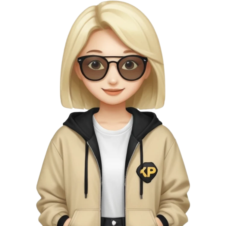 portrait of young woman idol in Kpop style, wearing streetwear outfit, wearing sunglasses emoji