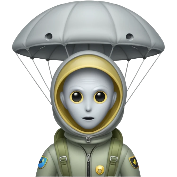 Skydiving grey alien with parachute and UFO emoji