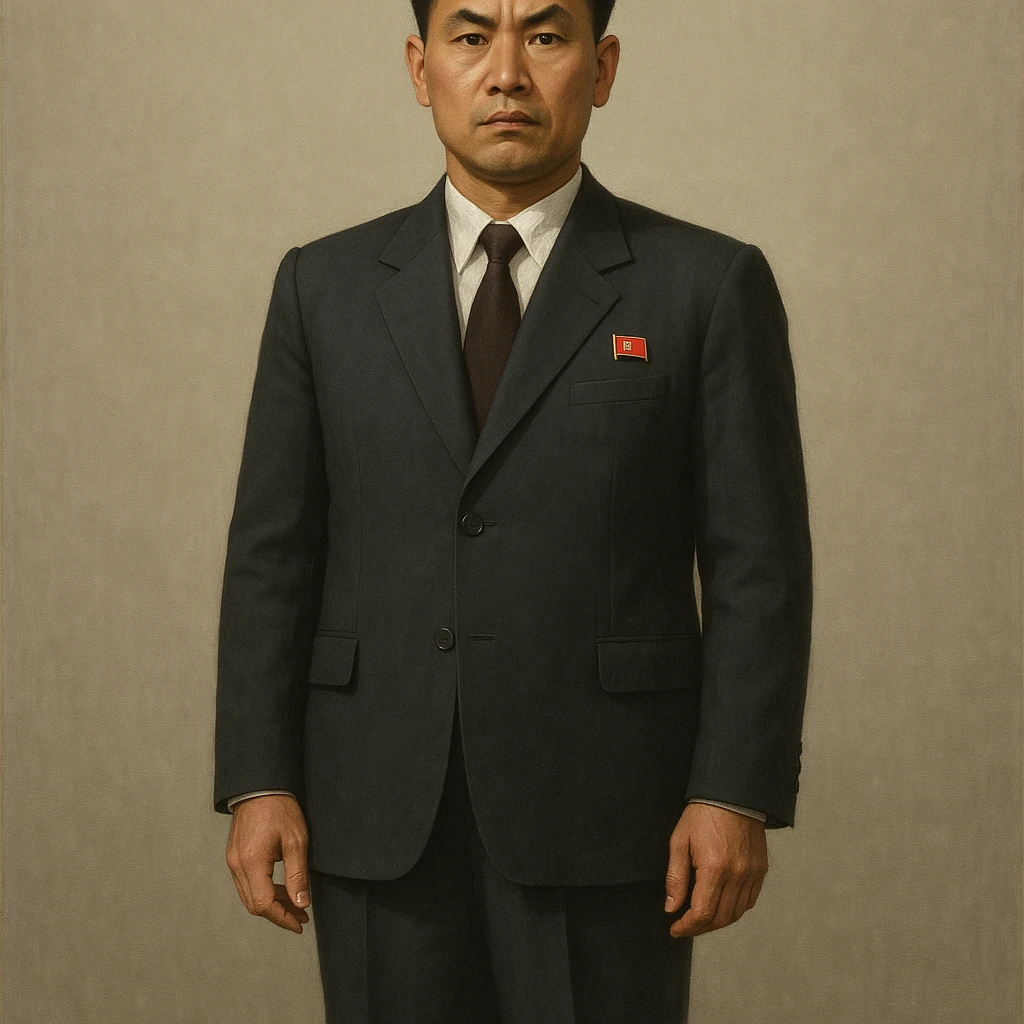 Official portrait of a North Korean man, head of the hull production workshop at a shipyard, serious and formal style, dark suit, neutral background, confident and focused expression, style inspired by Soviet and North Korean official portraits, full body, not cropped, head not cut off emoji