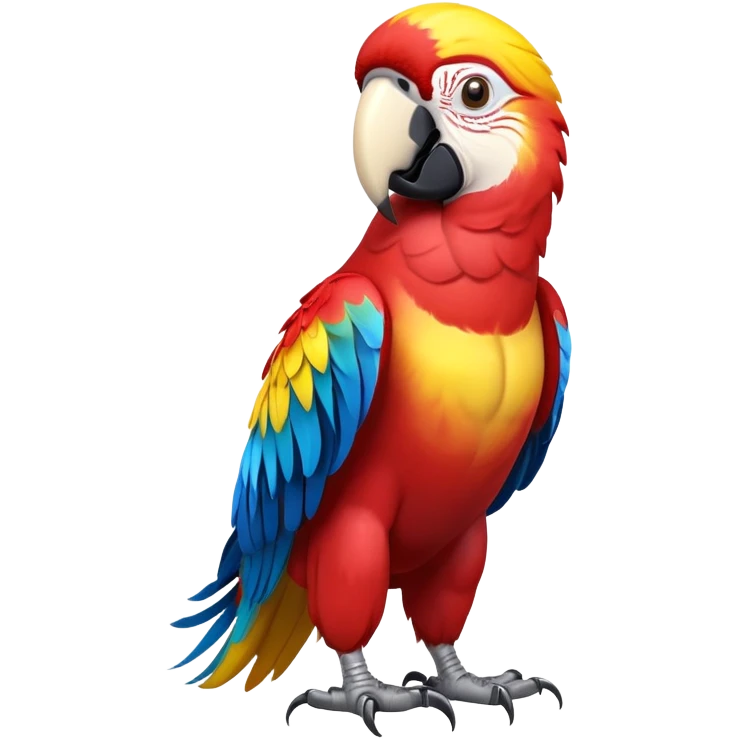 cinematic-macaw-realistic-full-body-standing-emoji,-vibrant-feathers-glowing-with-rich-reds,-blues,-and-yellows,-head-tilted-dramatically,-curved white-beak-gleaming,-piercing-dark-eyes-exuding-confidence,-simplified-yet-realistic-focused emoji
