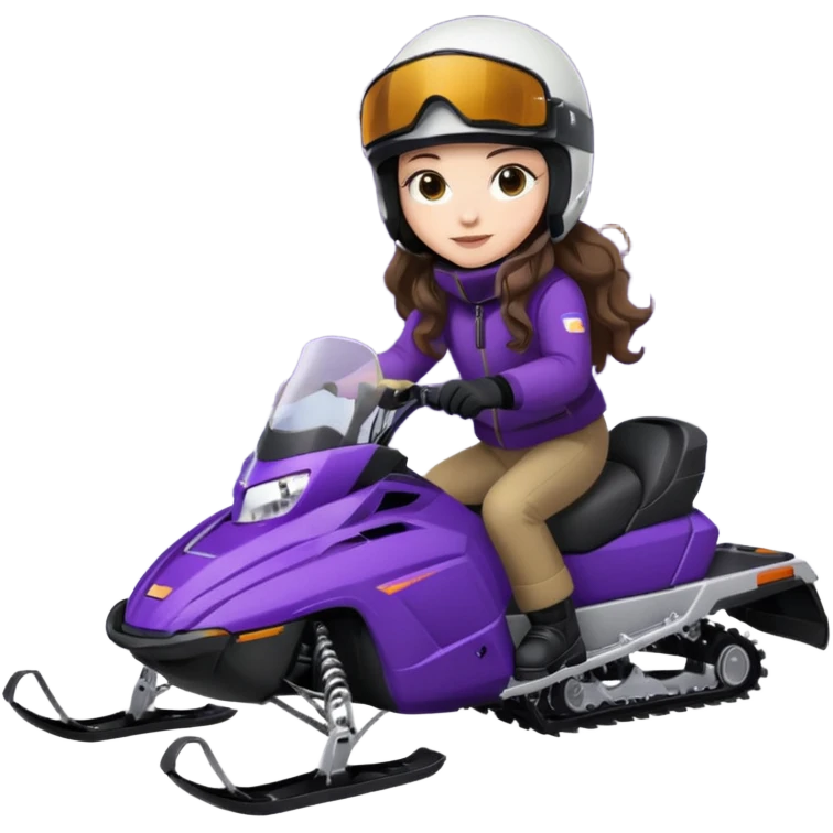 dark purple snowmobile, me Sitting on snowmobile goggles and helmet not covering my face brown eyes long wavy hair white skin dark purple formula 1995 snowmobile change sled color dark purple and white not yellow Snowmobile helmet and goggles, not on my face remove goggles and put on helmet emoji