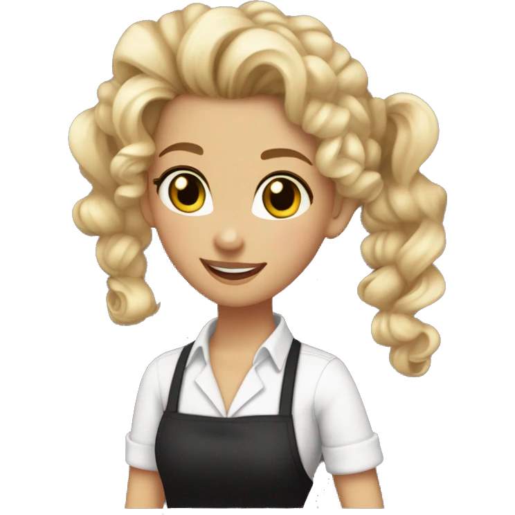 Waitress with white shirt and black apron, curly blonde hair in a pony tail, hazel eyes, lots of bohemian/hippie jewelry and lots of bracelets  emoji