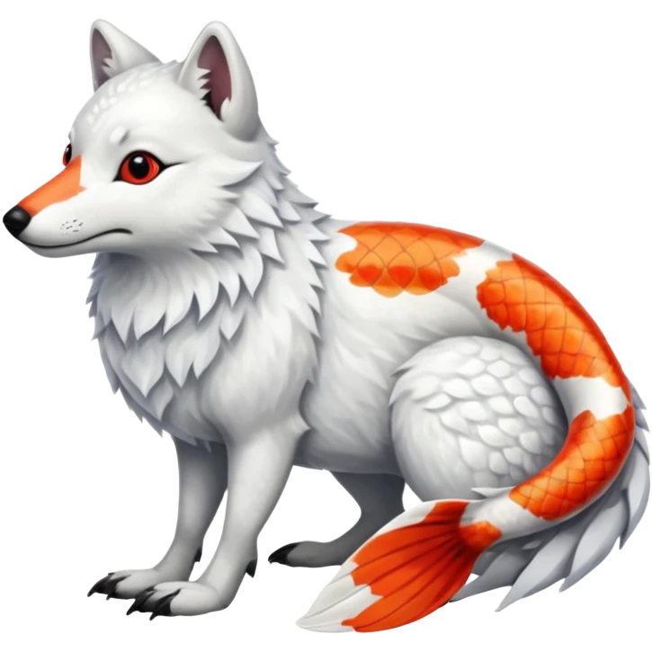 Asian Painted Fluffy Realistic Rock-Ptarmigan-Arctic-Wolf-Koi-Fish-Animal-hybrid, full body, with red marking over eye emoji