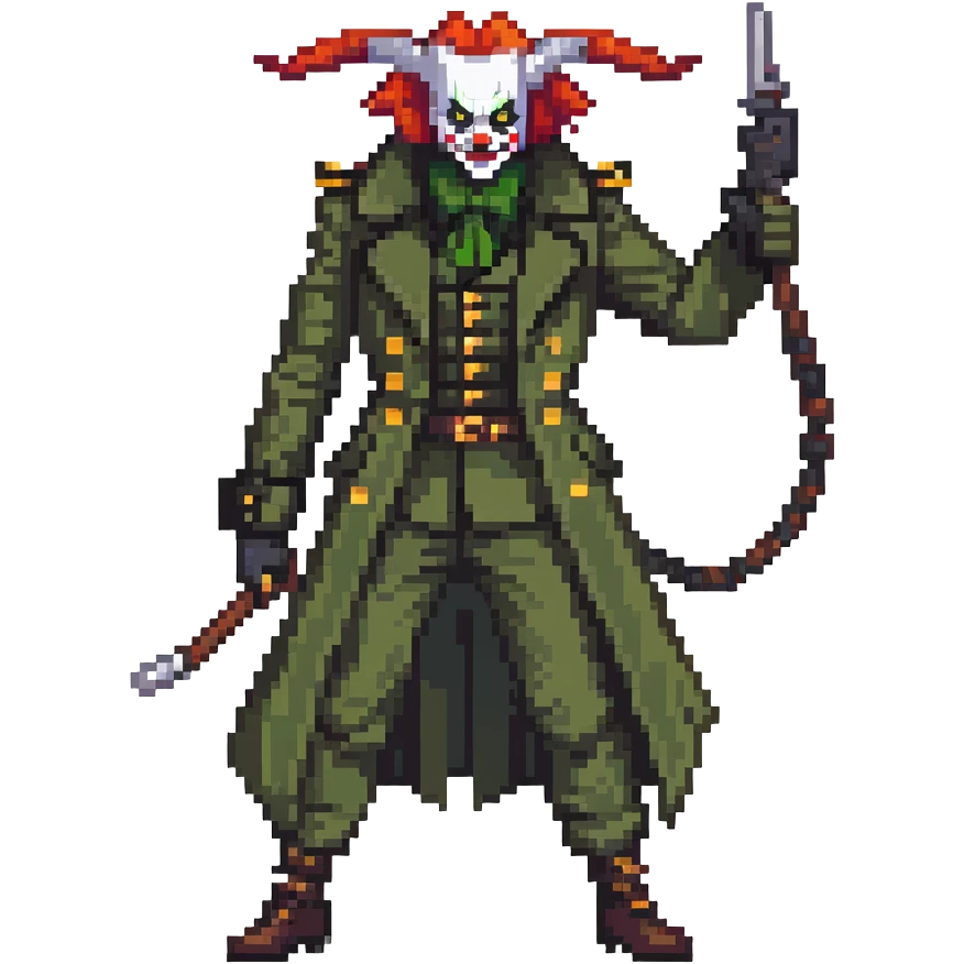 evil clown soldier, bald, black horns on forehead, fangs, pointed ears, eye patch over one eye, long coat over black and military green clothes with bellbottom pants, tail, holding a different style of whip, realistically proportioned, less bulky, full body, fighting stance emoji