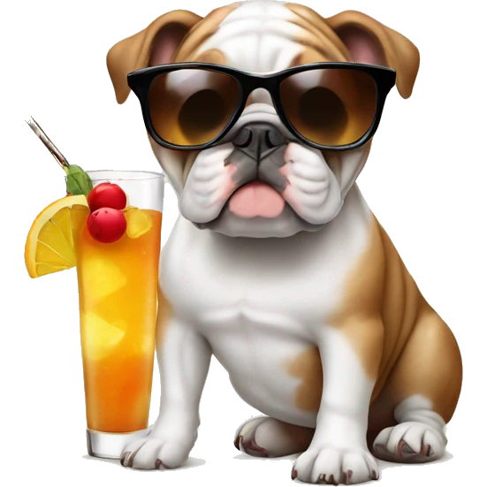 Brown white bulldog with sunglasses & a cocktail emoji