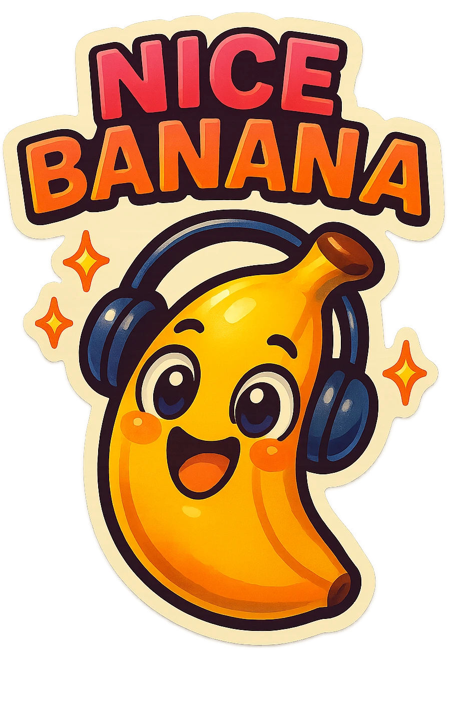 Funny cartoon banana, big happy smiling face, wearing tiny headphones, wide excited eyes, tiny sparkles around, text above: "NE BANANA", chibi style, Twitch emoji style, colorful, transparent background emoji