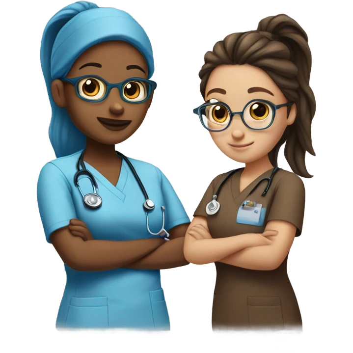 Best friend nurses in blue scrubs one has glasses with long hair in a pony tail, the other has long dark brown hair with freckles emoji