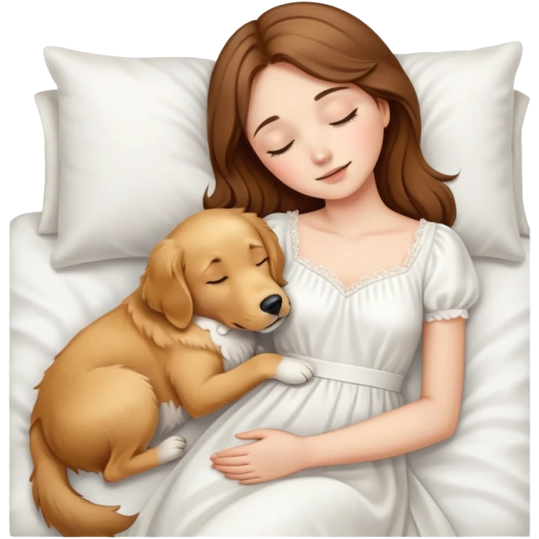 A cute girl with brown hair, white dress sleep with one golden retriever dog emoji