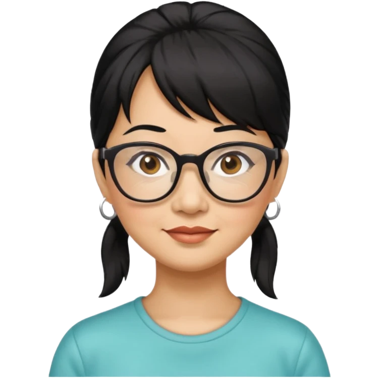 filipino woman black hair in one pony tail with straight bangs and big glasses, 60 yr old

 emoji