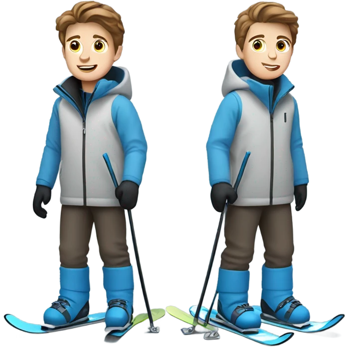White boy with brown hair skiing on blue skis. Wearing a light gray coat. And a pair of black snow pants.  emoji