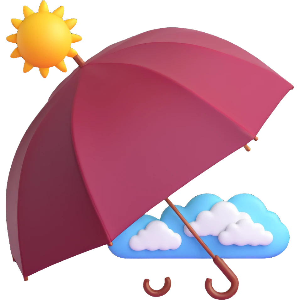 burgundy umbrella with a sun and clouds design in 3D emoji style emoji
