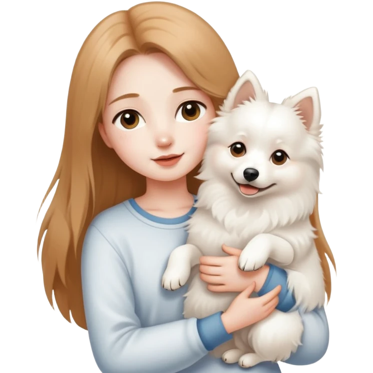 long light brown hair girl with pale skin holding one white Japanese spitz dog in her arms emoji