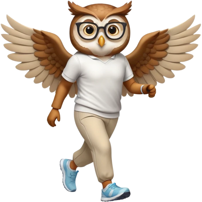 friendly anthropomorphised owl with wings instead of arms, in pants and a shirt, wearing glasses, jogging upright, relaxed pose emoji