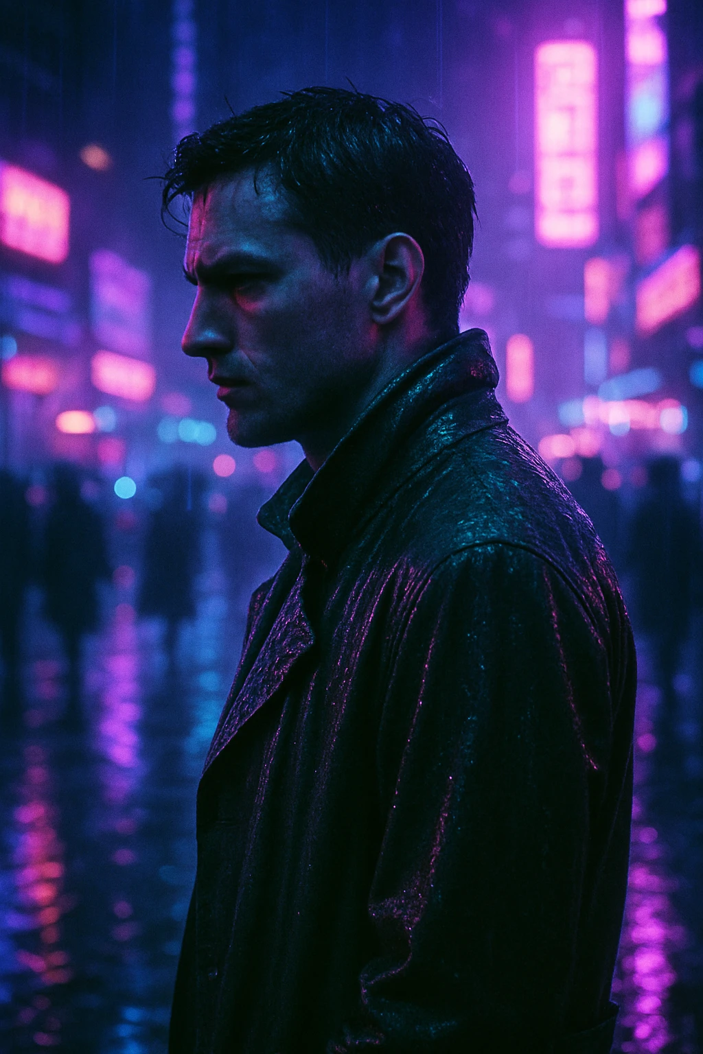 futuristic cyberpunk portrait, man in soaked trench coat, neon-lit city at night, side profile, serious, neon purple and electric blue lighting, wet street with reflections, motion blur of crowd, shallow depth of field, analog film grain, Blade Runner noir detective vibe emoji