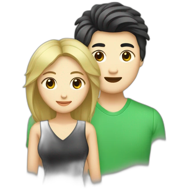 Un couple mignon composé d’un homme aux cheveux noir asiatique et d’une femme au cheuveux blond et au yeux vert emoji