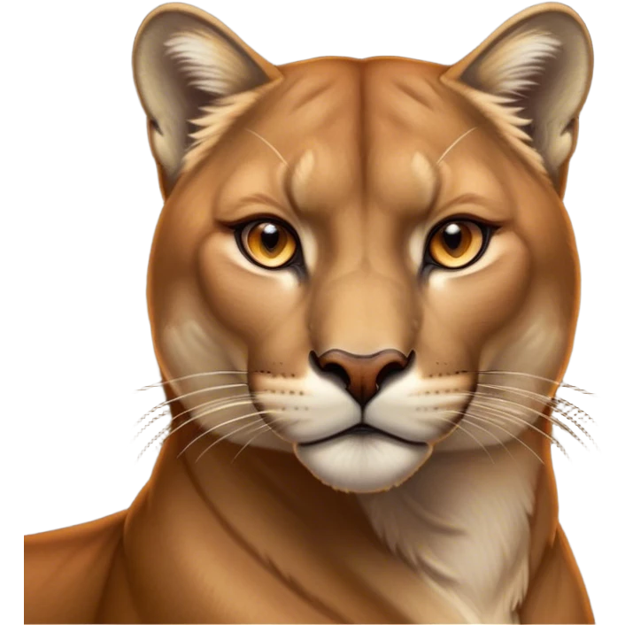 Cinematic Noble Cougar Portrait Emoji, Poised and regal, with a lithe, muscular build and a sleek, tawny Fur with subtle dark accents, deep-set soulful amber eyes, Simplified yet sharp and sophisticated features, highly detailed, glowing with a warm, dignified glow, high shine, intelligent and stealthy, stylized with an air of wild elegance, focused and attentive, soft glowing outline, capturing the essence of a watchful and confident predator, so majestic it feels as though it could silently pounce out of the screen with effortless authority! emoji