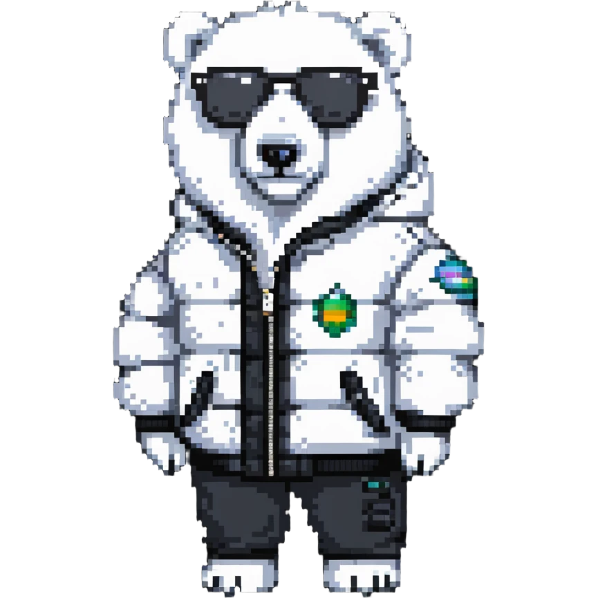 polar bear wearing a white puffer jacket and sunglasses  emoji