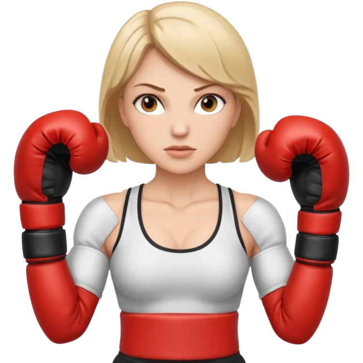 white woman emoji with boxing gloves, in defensive guard emoji