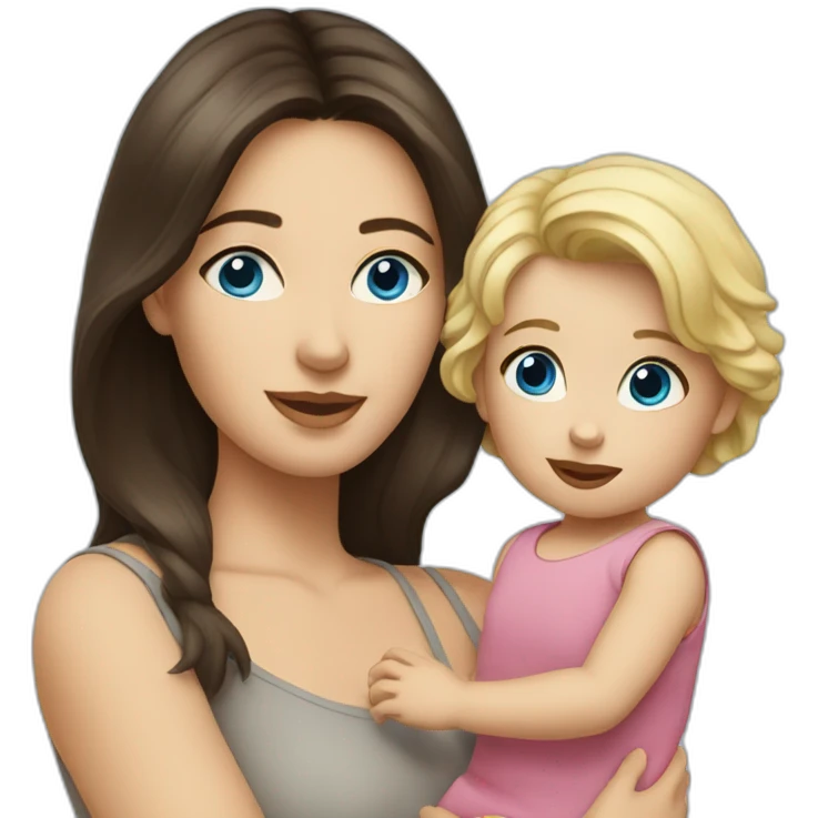 Brunette woman with blue eyes holding blonde toddler girl with blue eyes emoji