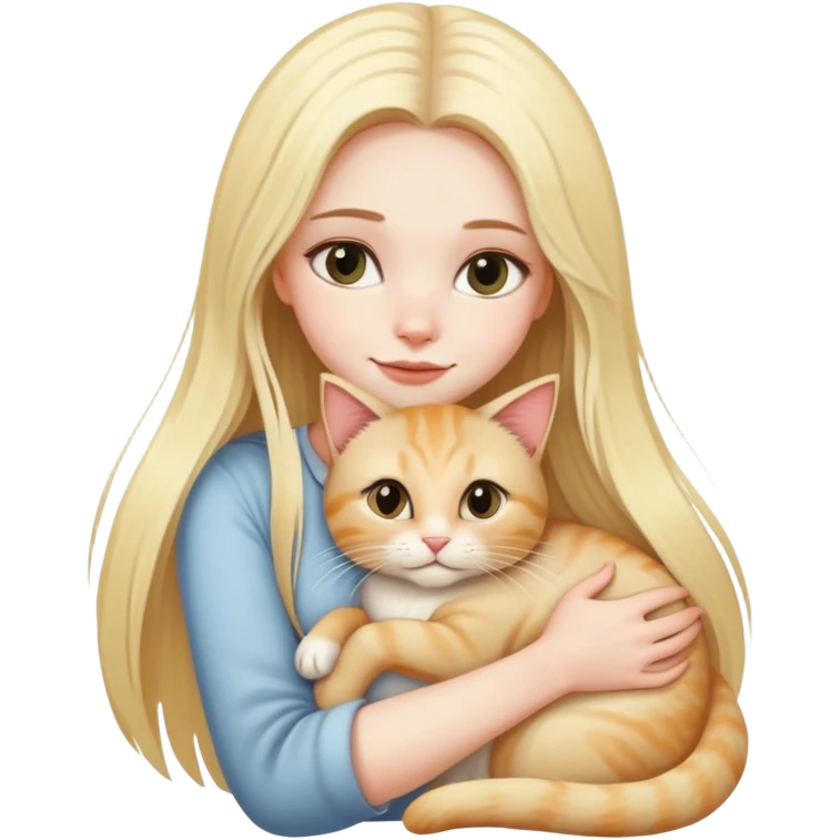 pretty woman with pale skin, very long blonde hair hugging a cat emoji