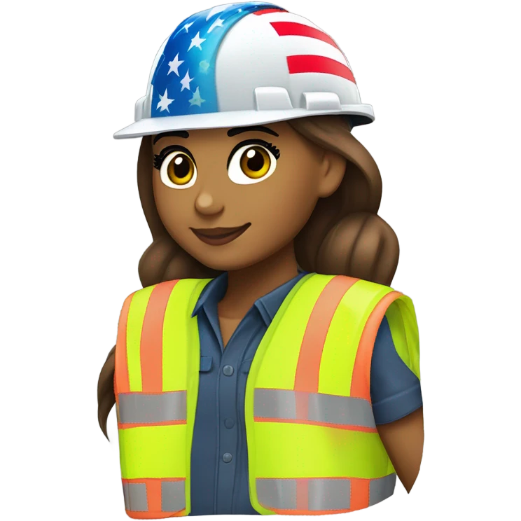 Ariana Grande is a construction worker wearing a patriotic dress with a neon yellow safety vest over the dress. she also has a hard hat and a patriotic patch on the vest emoji
