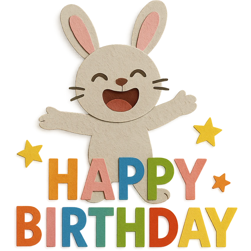 full-body laughing bunny hugging "Happy Birthday" letters with stars, paper-craft style emoji