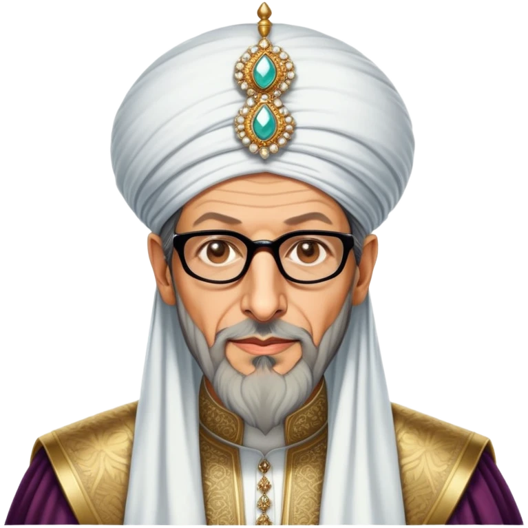 Jeff Goldblum no glasses as a regal portrait dressed as suleiman-the-magnificent,-depicted-as-a-regal-ottoman-sultan-adorned-with-a-large,-white,-round,-tall-turban-and-a-majestic-grey-beard,-his-commanding-gaze-bathed-in-warm,-historic-lighting-that-exudes-timel emoji