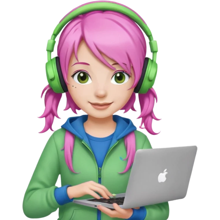 Create an emoji of a woman with pink hair tied into two pigtails. She is a game streamer, wearing green headphones, holding a MacBook, and dressed in a blue outfit. emoji