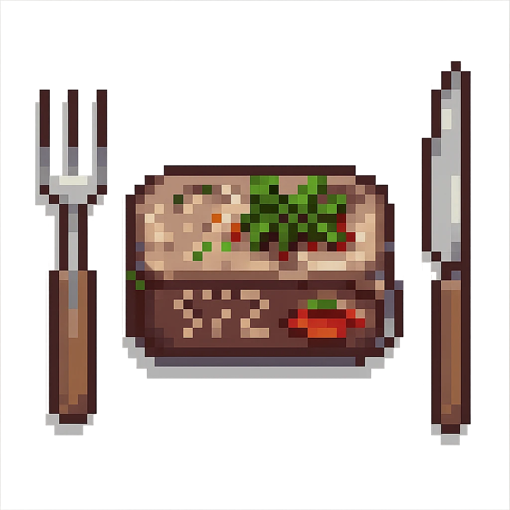 Add a fork and knife next to the steak in pixel art style. Keep the pixel art style and no background. emoji