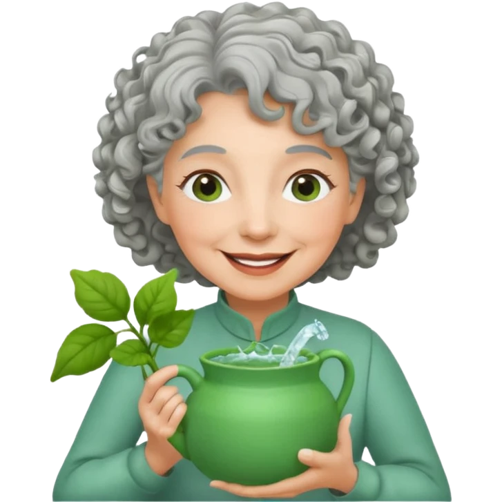 Older female florist – curly hair, holding garden water pot emoji