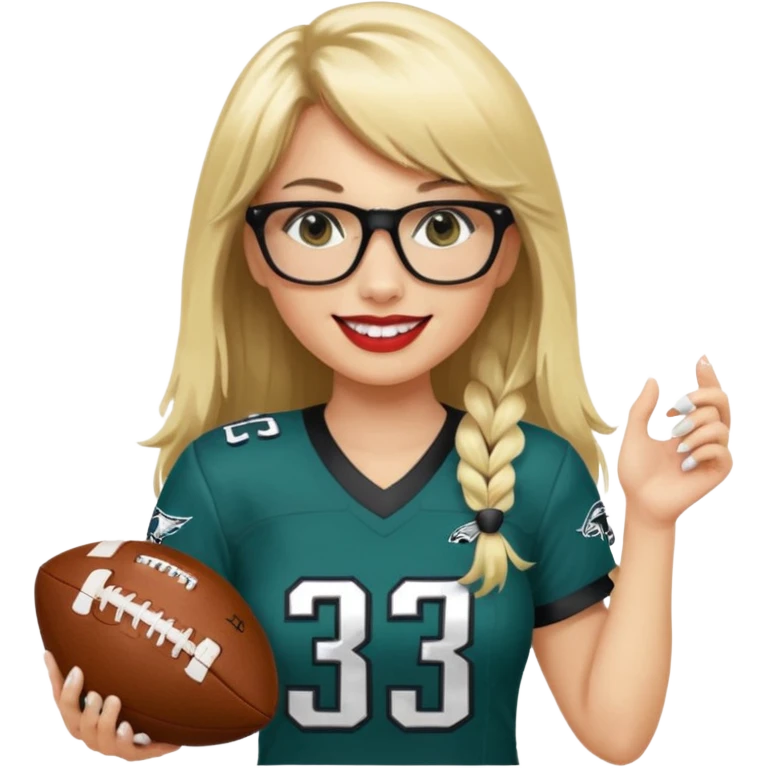 full length women wearing eagles uniform, long blonde hair, even bangs, black glasses, holding football, number 33, smiling, lipstick emoji