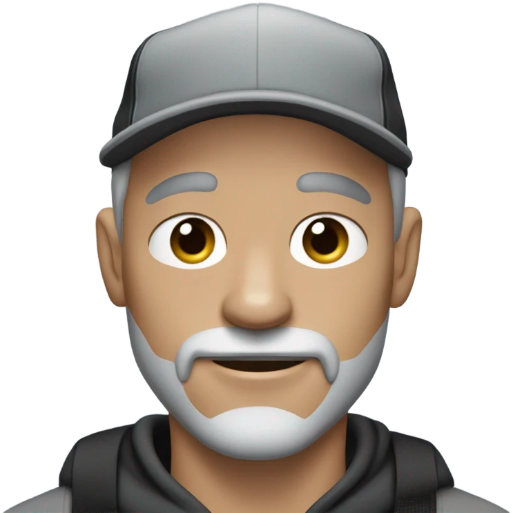 blue eyed man, with grey hair,  grey goatee, wearing ball cap, holding long hair black chihuahua emoji