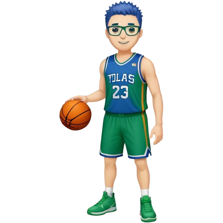 Full Body heavy white male with dark short spike hair basketball player wearing glasses wearing blue green uniform smiling emoji