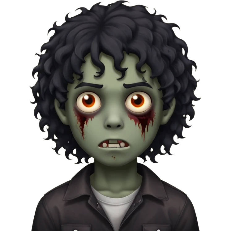 Boy, zombie, black curly wavy hair, medium long, round shaped hair, emo, dark, spooky, creepy expression emoji