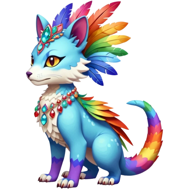 Kawaii cute colorful rainbow-colored warm-colored exotic tropical beautiful pretty elegant divine edgy feline-vernid-sergal-Fakémon-Pokémon-fursona-animal-creature with accessories, jewelries, full body, with intricate detailed markings, feathers, crystals, fins, scales, headdress emoji