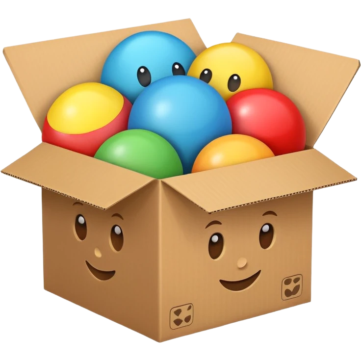 cardboard box with toys, realistic emoji